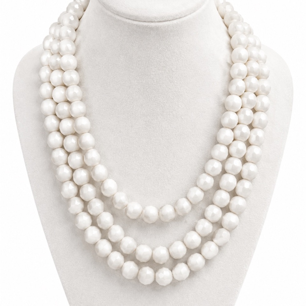 VTG Hong Kong White Triple-Strand Faceted Necklace